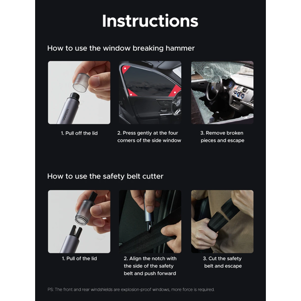 Car Safety Hammer UGREEN LP821 (35347), Grey/Black