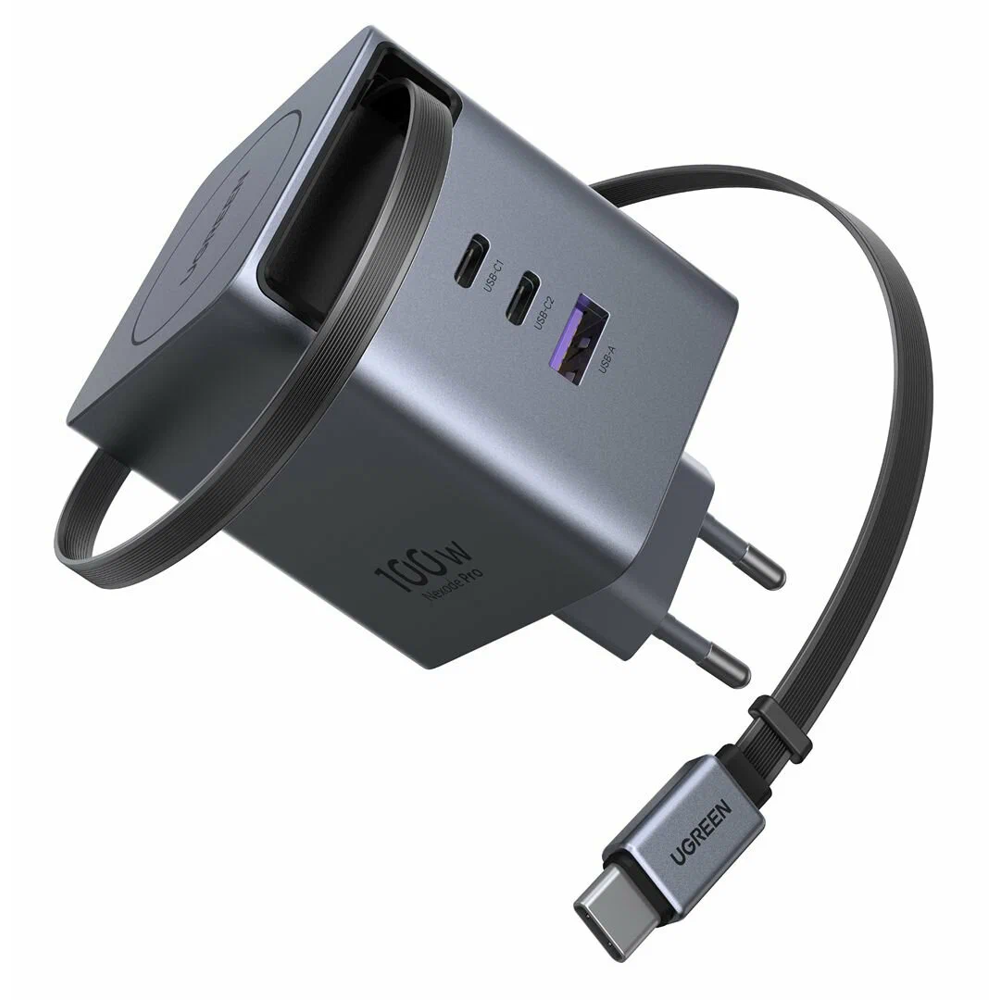 მობილურის დამტენი UGREEN X616 (65828), 100W, GaN Fast Charger with Retractable Cable, Grey