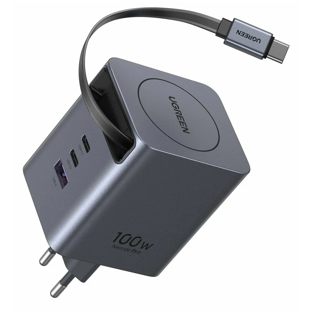 GaN Fast Charger with Retractable Cable UGREEN X616 (65828), 100W, Grey