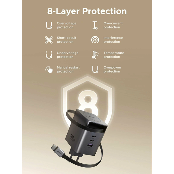 მობილურის დამტენი UGREEN X616 (65828), 100W, GaN Fast Charger with Retractable Cable, Grey
