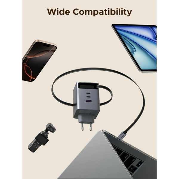 მობილურის დამტენი UGREEN X616 (65828), 100W, GaN Fast Charger with Retractable Cable, Grey