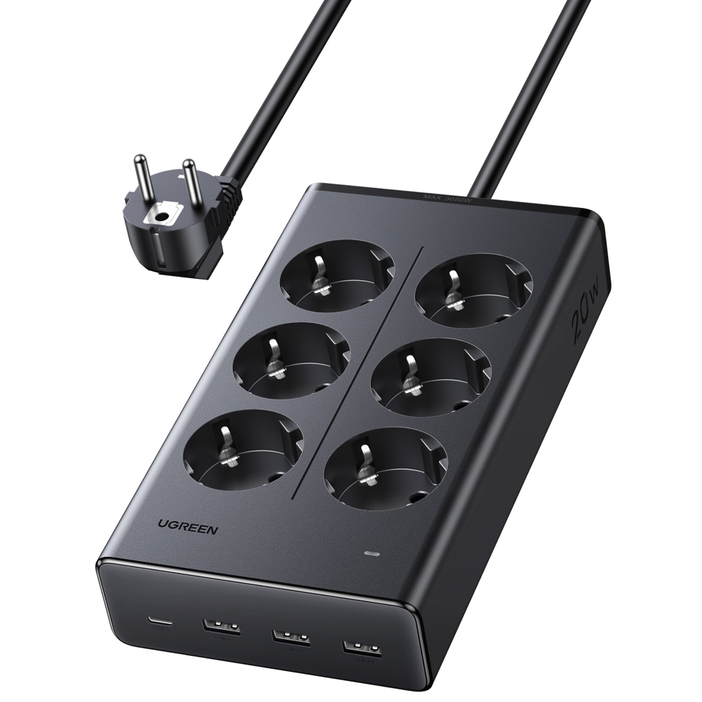 დენის გამანაწილებელი UGREEN S622 (75141), 6 Socket, USB, Type-C, 1.5m, Black
