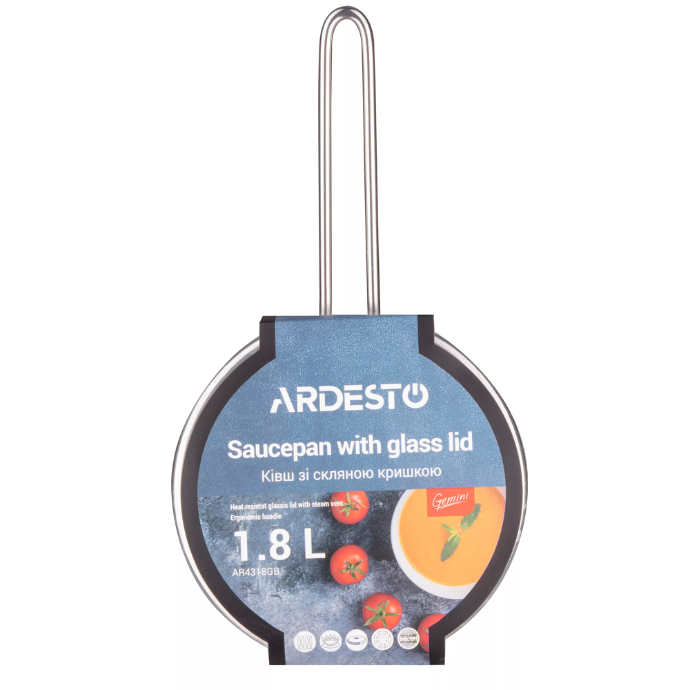 Saucepan with Glass Lid Ardesto AR4318GB Gemini Liguria, 1.8l, 16cm, Stainless Steel