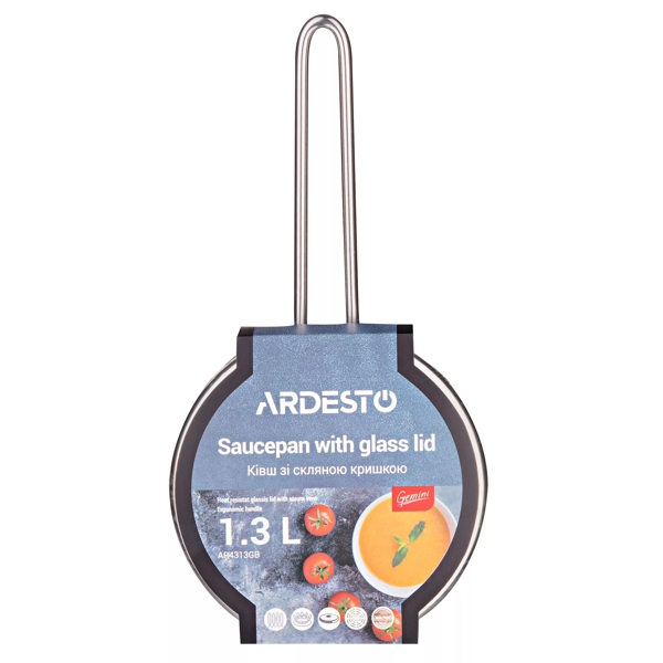 Saucepan with Glass Lid Ardesto AR4313GB Gemini Liguria, 1.3l, 15cm, Stainless Steel