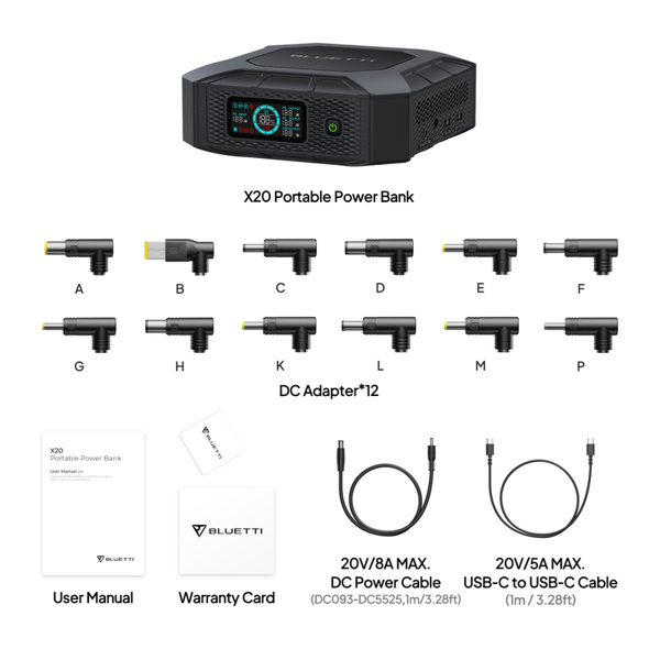 Power Bank For Laptop Bluetti X20, 288W, 48,000mAh, USB-C, USB-A, Black