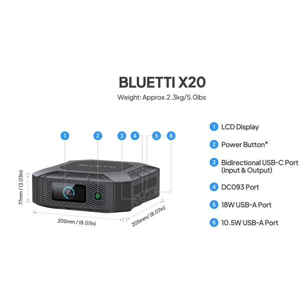Power Bank For Laptop Bluetti X20, 288W, 48,000mAh, USB-C, USB-A, Black