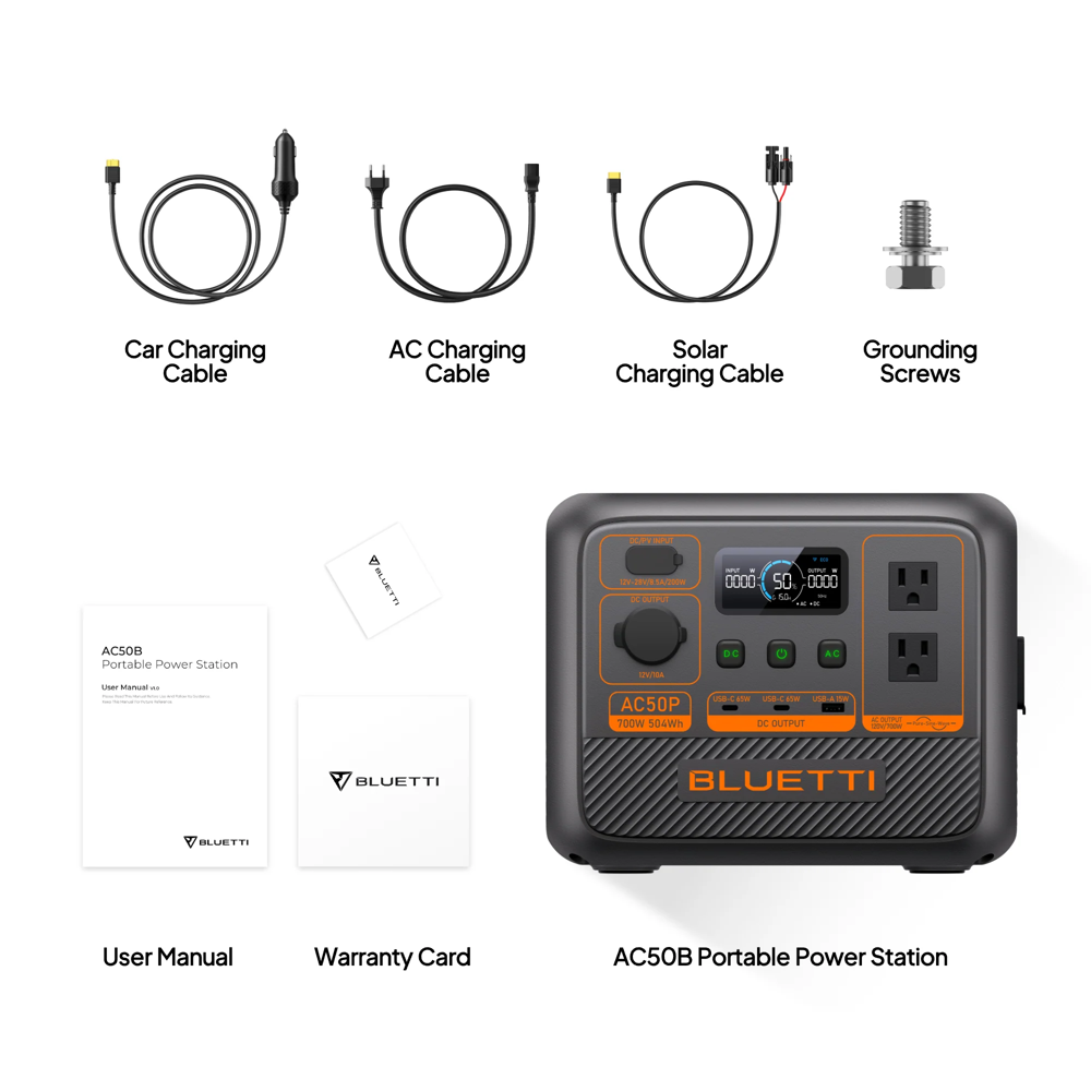 ელექტრო სადგური Bluetti AC50P, 700W, USB-C, USB-A, Portable Power Station, Black