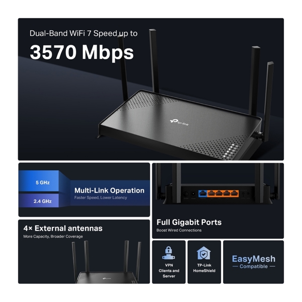 როუტერი TP-Link Archer BE220, 2882Mbps, Router, Black