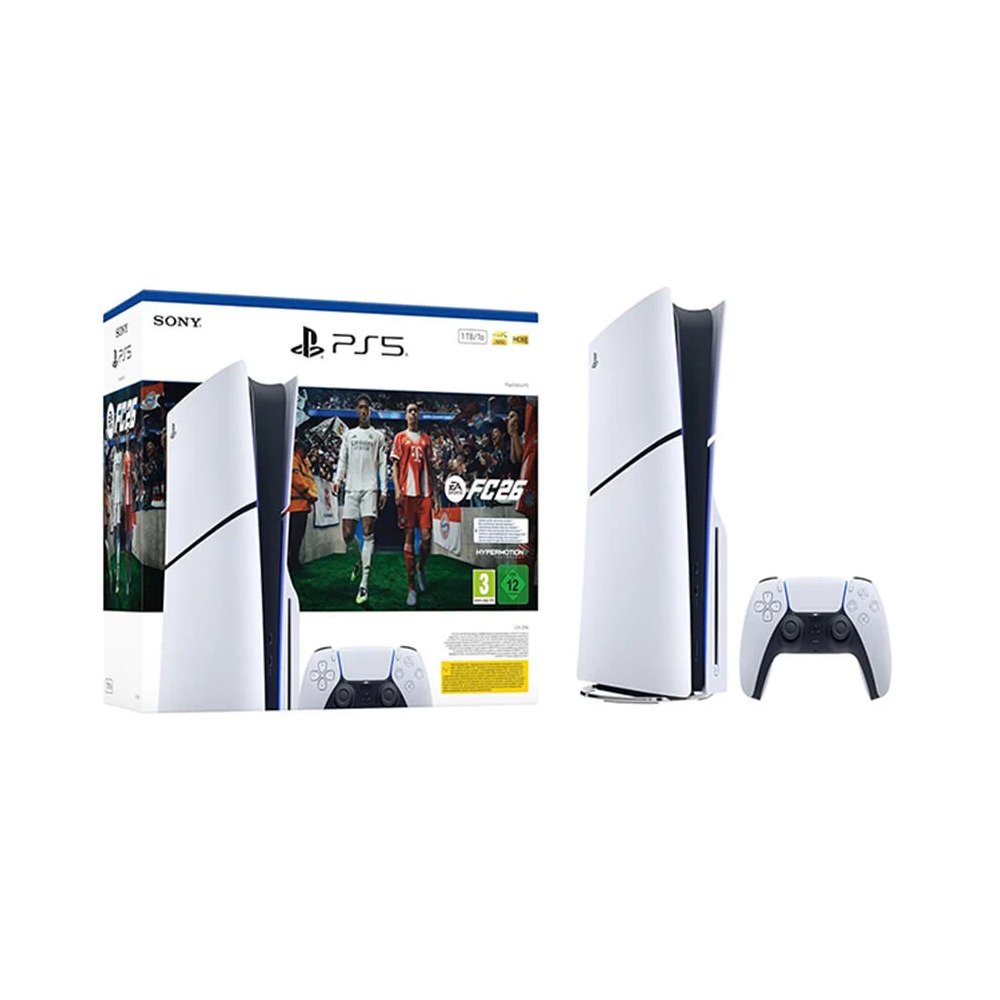 Sony PlayStation 5 Slim, PS5 Console, Disc Version with FC26  + DualSense With FC26, White