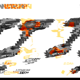 სახრახნისის და ქანჩის მოსახსნელის ნაკრები Wokin 628102, 1500Rpm, LI-ION CORDLESS 2-PC. COMBO KIT, Black/Orange