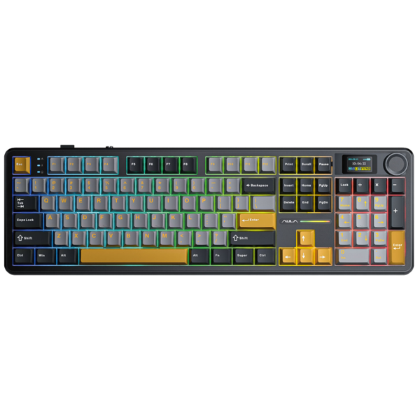 კლავიატურა Aula F108PRO, Reaper switch, Wireless, Bluetooth, USB-C, RGB, Mechanical Gaming Keyboard, Gray/Yellow