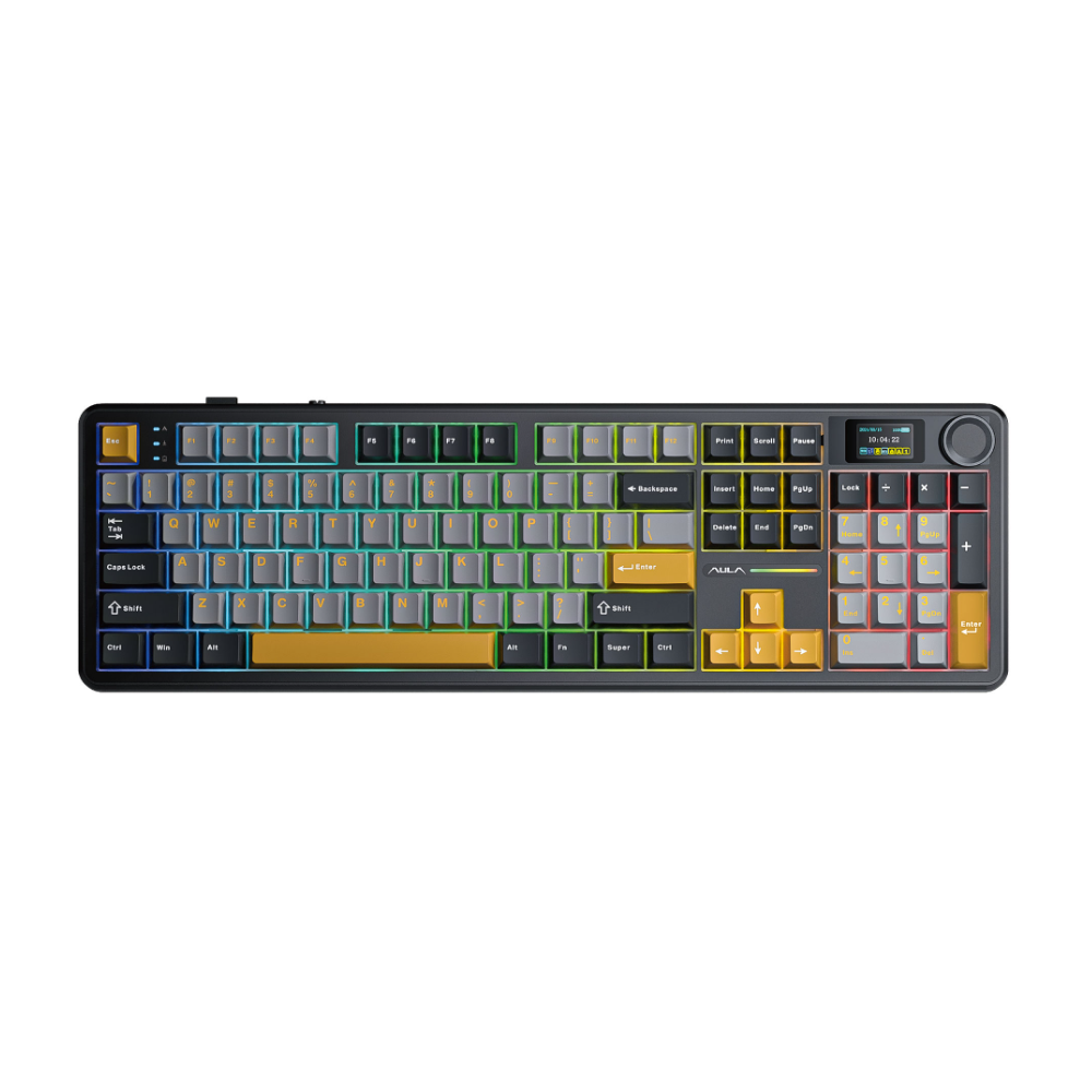კლავიატურა Aula F108PRO, Reaper switch, Wireless, Bluetooth, USB-C, RGB, Mechanical Gaming Keyboard, Gray/Yellow
