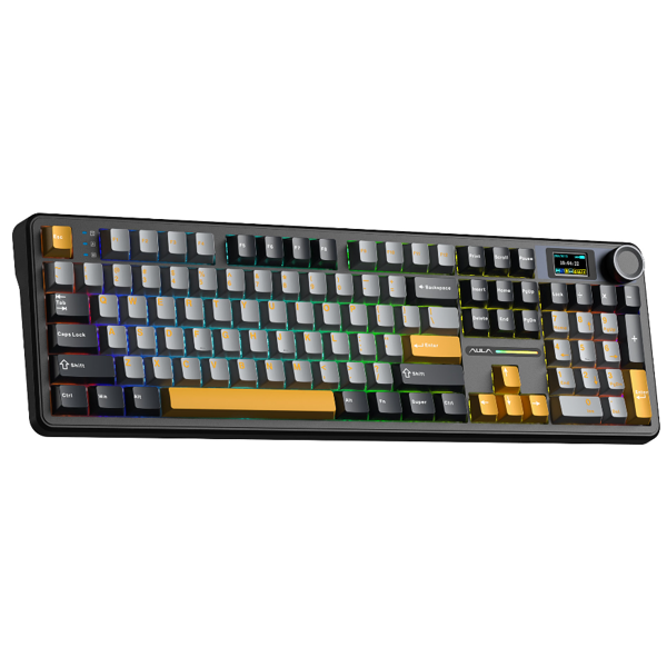 კლავიატურა Aula F108PRO, Reaper switch, Wireless, Bluetooth, USB-C, RGB, Mechanical Gaming Keyboard, Gray/Yellow