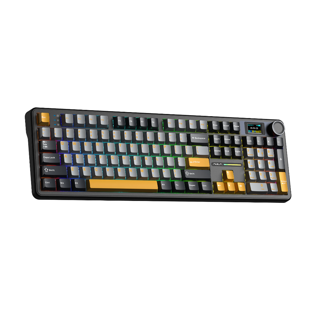 კლავიატურა Aula F108PRO, Reaper switch, Wireless, Bluetooth, USB-C, RGB, Mechanical Gaming Keyboard, Gray/Yellow