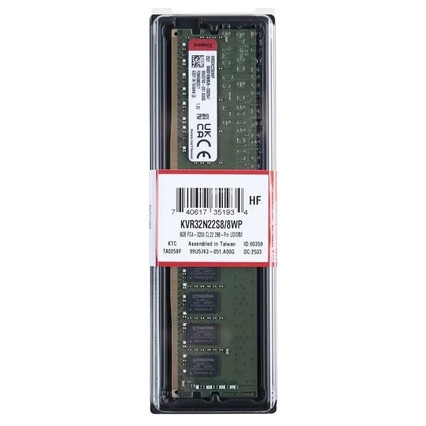 ოპერატიული მეხსიერება Kingston KVR32N22S8/8WP, RAM 8GB, DDR4 DIMM, 3200MHz