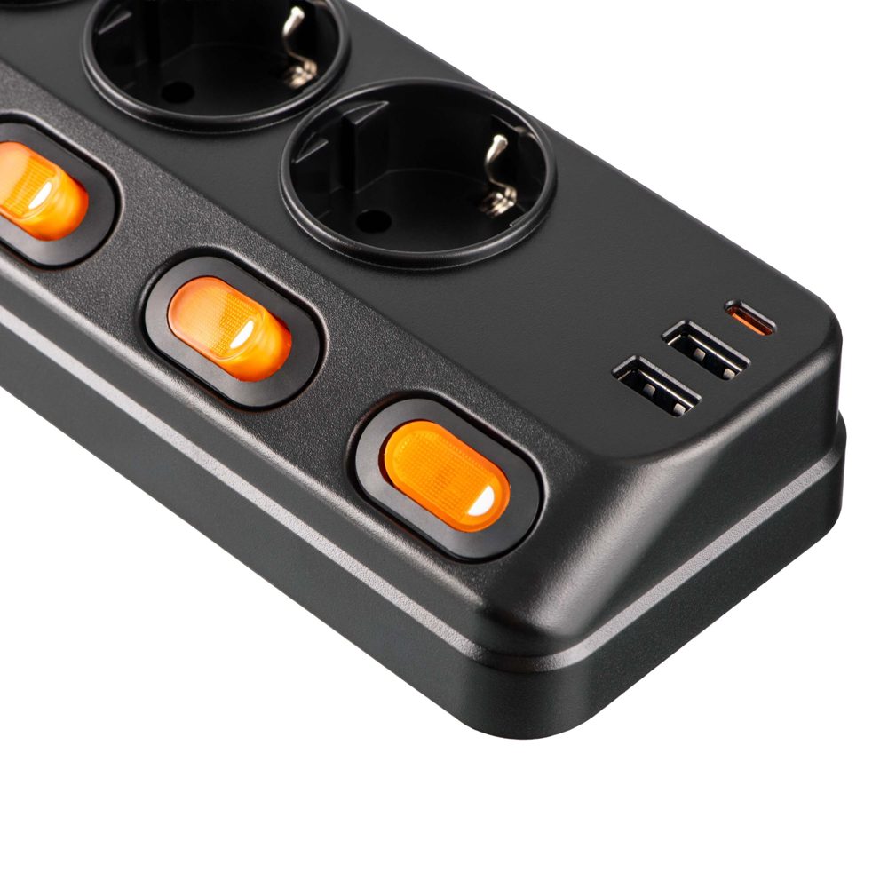 დენის დამაგრძელებელი 2E 2E-SP6M3SWBK, 6 Socket, USB-A, Type-C, 3m, Power Strip With Surge Protection, Black