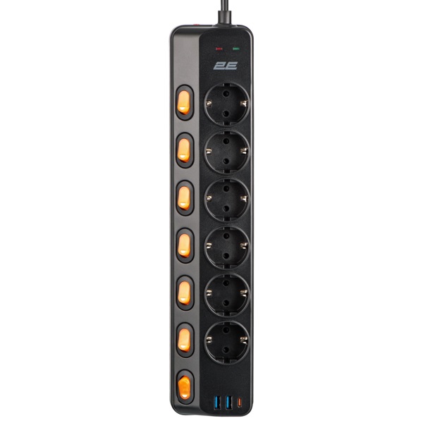 Power Strip With Surge Protection 2E 2E-SP6M3SWBK, 6 Socket, USB-A, Type-C, 3m, Black