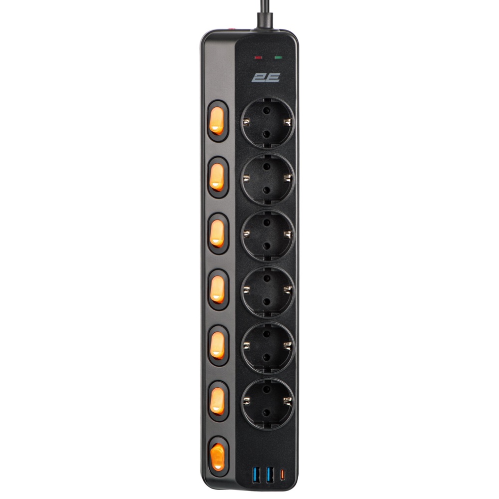 დენის დამაგრძელებელი 2E 2E-SP6M3SWBK, 6 Socket, USB-A, Type-C, 3m, Power Strip With Surge Protection, Black