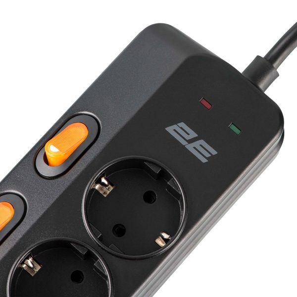 Power Strip With Surge Protection 2E 2E-SP6M3SWBK, 6 Socket, USB-A, Type-C, 3m, Black