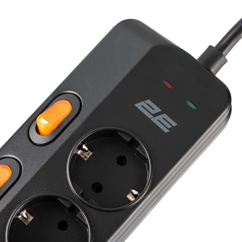 დენის დამაგრძელებელი 2E 2E-SP6M3SWBK, 6 Socket, USB-A, Type-C, 3m, Power Strip With Surge Protection, Black
