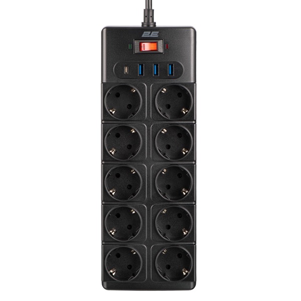 Power Strip With Surge Protection 2E 2E-SP10M3USBBK, 10 Socket, USB-A, Type-C, 3m, Black 