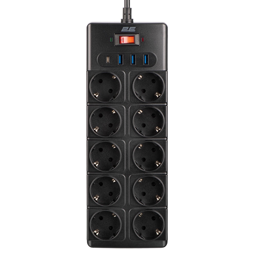 Power Strip With Surge Protection 2E 2E-SP10M3USBBK, 10 Socket, USB-A, Type-C, 3m, Black 