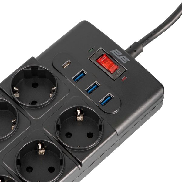 Power Strip With Surge Protection 2E 2E-SP10M3USBBK, 10 Socket, USB-A, Type-C, 3m, Black 