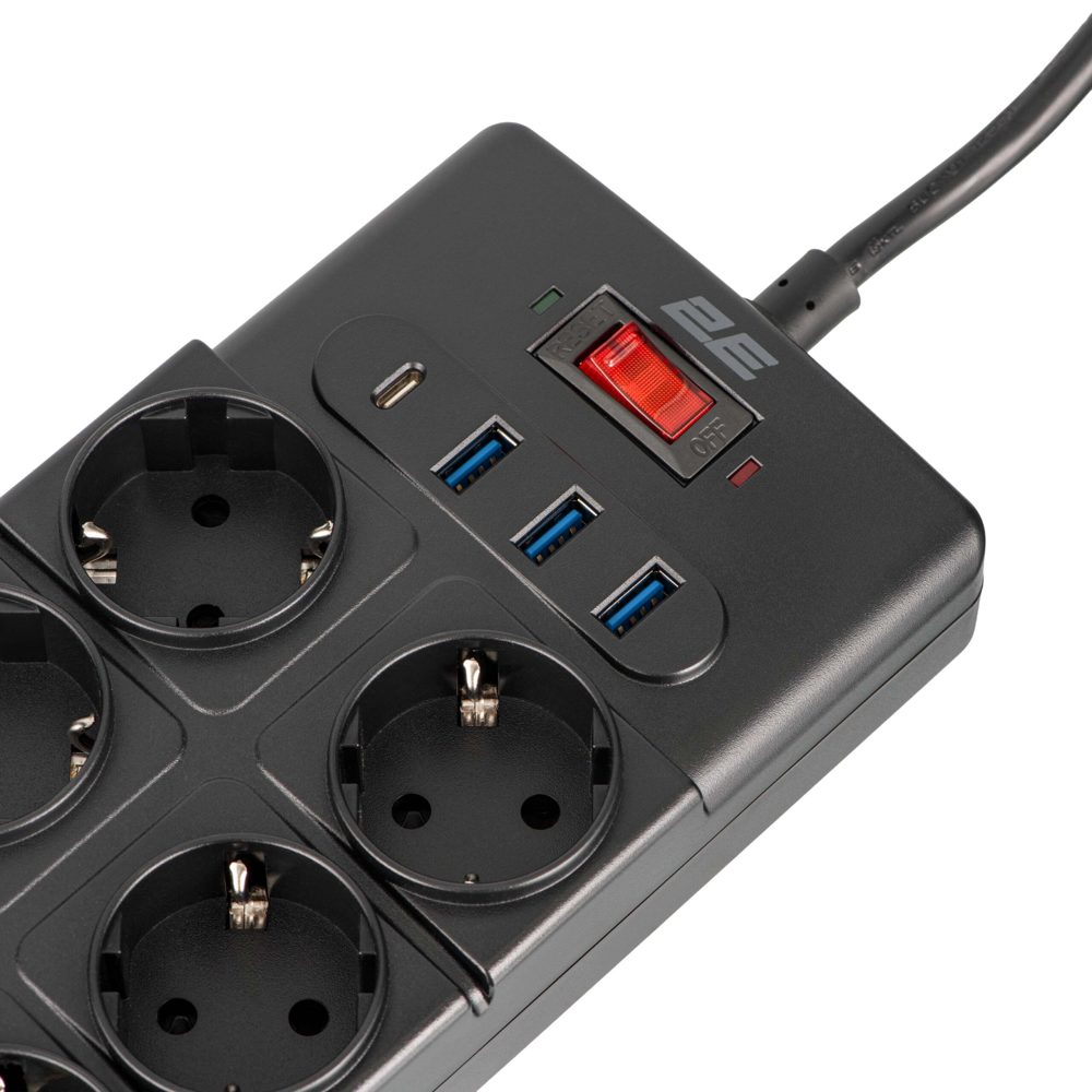 დენის დამაგრძელებელი 2E 2E-SP10M3USBBK, 10 Socket, USB-A, Type-C, 3m, Power Strip With Surge Protection, Black 