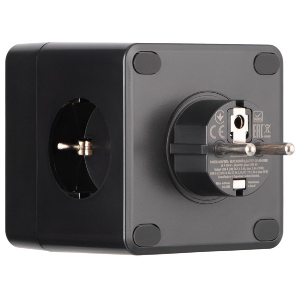 ადაპტერი 2E 2E-AD431BK, 3 Socket, USB-A, Type-C, Power Adapter With Surge Protection, Black