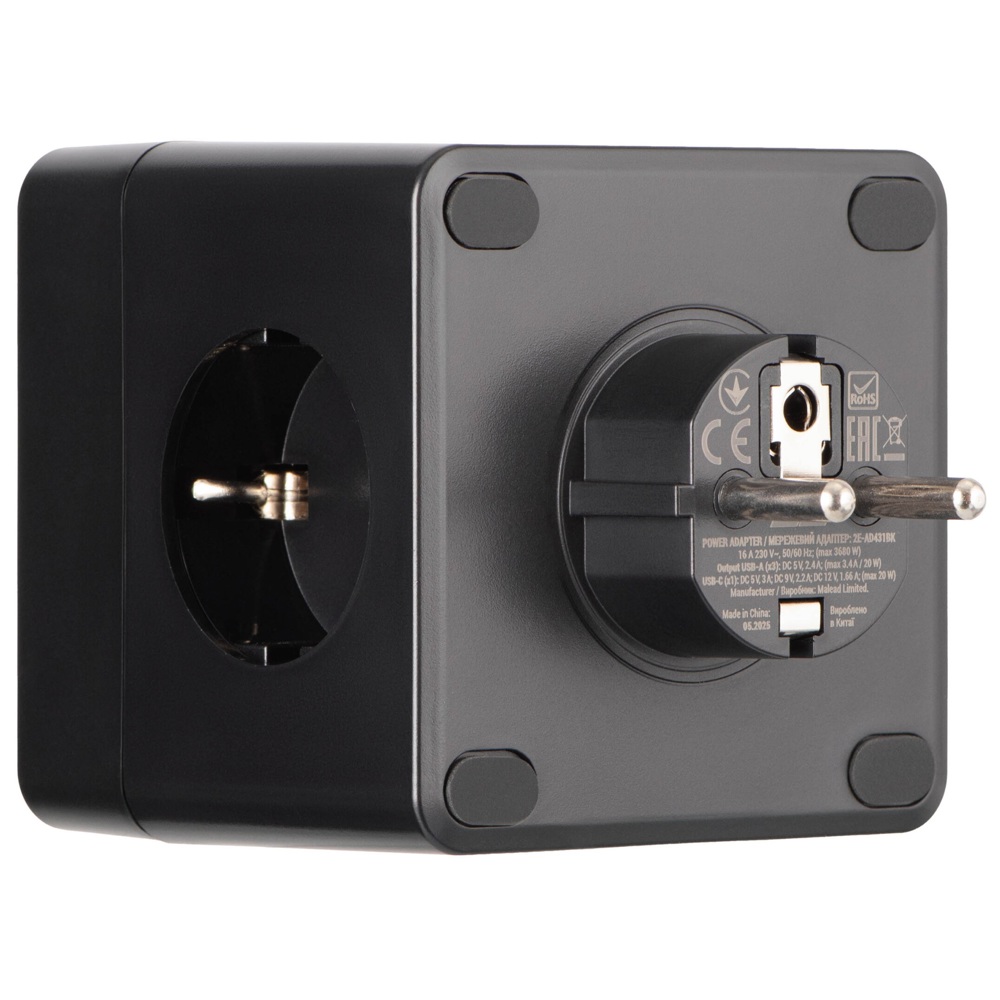 Power Adapter With Surge Protection 2E 2E-AD431BK, 3 Socket, USB-A, Type-C, Black
