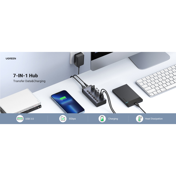 UGREEN CM481 (90307)  USB 3.0 Hub With 7 Ports USB-A 12V 2A, Gray