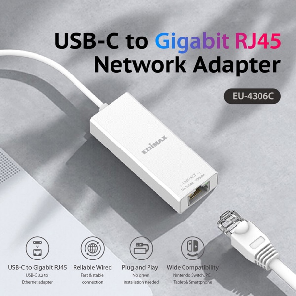 LAN ადაპტერი Edimax EU-4306C, Type-C to Gigabit Ethernet, LAN Adapter, White