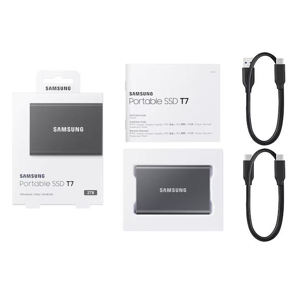 გარე მყარი დისკი Samsung MU-PC2T0T/WW T7, 2TB, External SSD, 2.5", Type-C 3.2, Grey