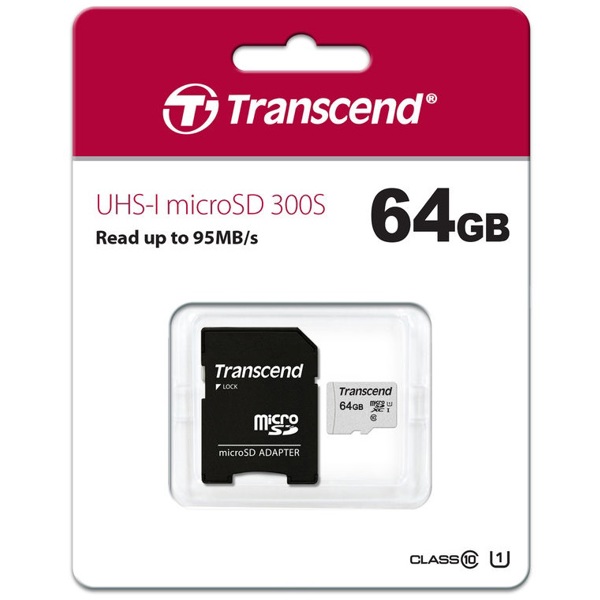 მეხსიერების ბარათი Transcend TS64GUSD300S-A, 64GB, microSDXC, UHS-I, U1, Black/Grey