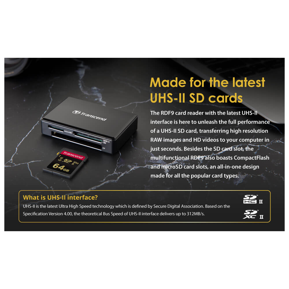 ბარათის წამკითხველი Transcend TS-RDF9K2 RDF9, All-in-1 UHS-II Multi Card Reader, Black