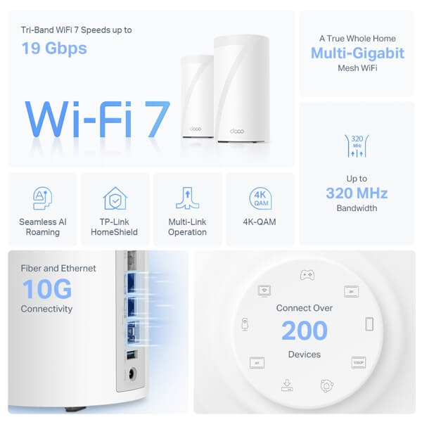 როუტერი TP-link DECO BE85(1-PACK) BE19000, 11530Mbps, Tri-Band Whole Home Mesh WiFi 7 System, White