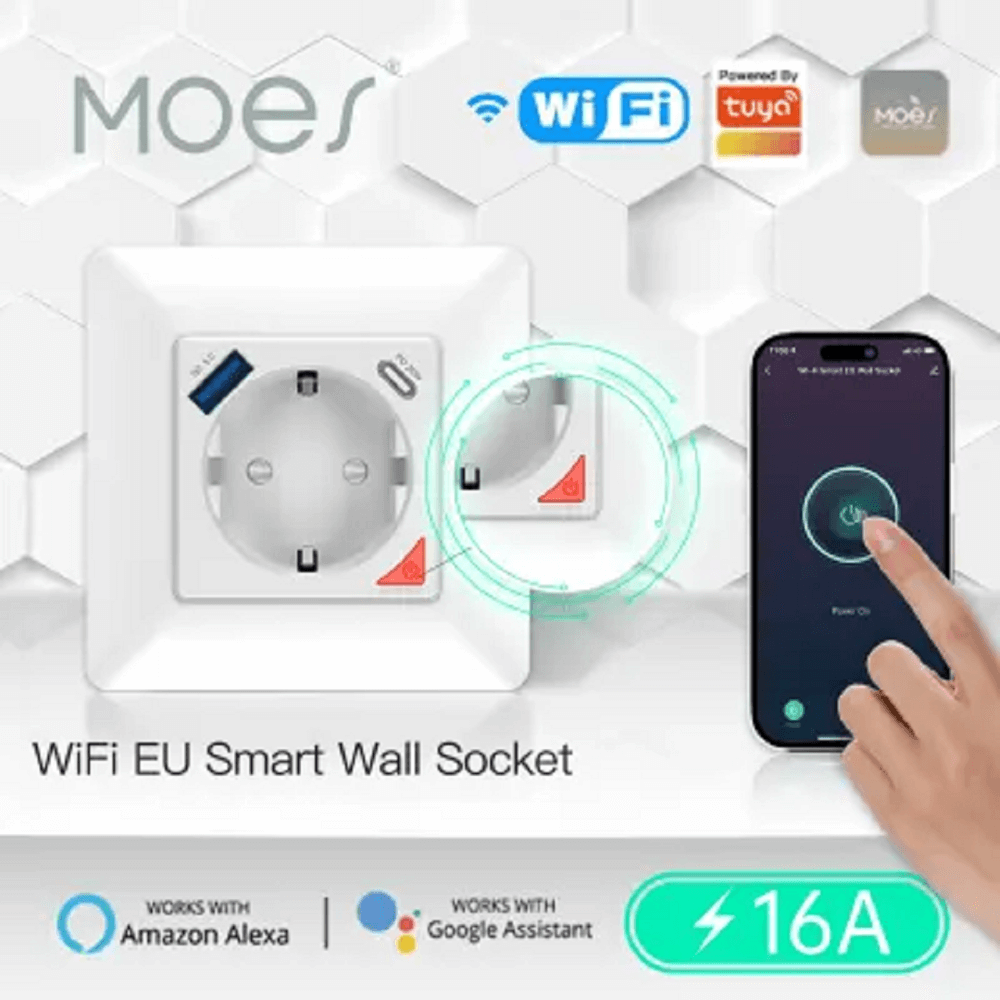 ჭკვიანი როზეტი Moes WK-Y-EU-1U1C-WH-EN, 3680W, Type-C, USB, Smart Socket, White