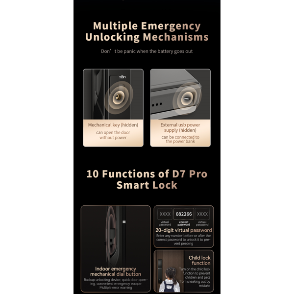 კარის ჭკვიანი საკეტი Tenon D7PRO, Wifi, Smart Door Lock, Black