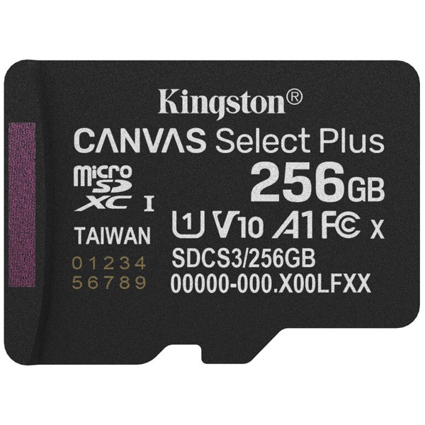მეხსიერების ბარათი Kingston SDCS3/256GBSP Canvas Select Plus, 256GB, microSDXC, UHS-I, C10, U1, Black