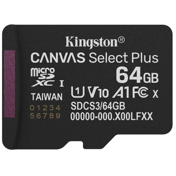 მეხსიერების ბარათი Kingston SDCS3/64GBSP Canvas Select Plus, 64GB, microSDXC, UHS-I, C10, U1, Black