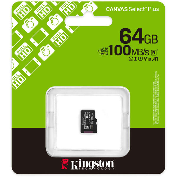 მეხსიერების ბარათი Kingston SDCS3/64GBSP Canvas Select Plus, 64GB, microSDXC, UHS-I, C10, U1, Black
