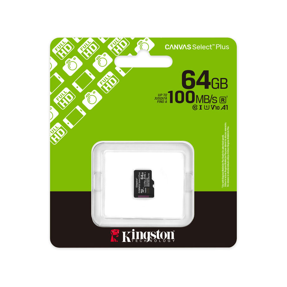 Memory Card Kingston SDCS3/64GBSP Canvas Select Plus, 64GB, microSDXC, UHS-I, C10, U1, Black