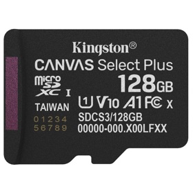 მეხსიერების ბარათი Kingston SDCS3/128GBSP Canvas Select Plus, 128GB, microSDXC, UHS-I, C10, U1, Black