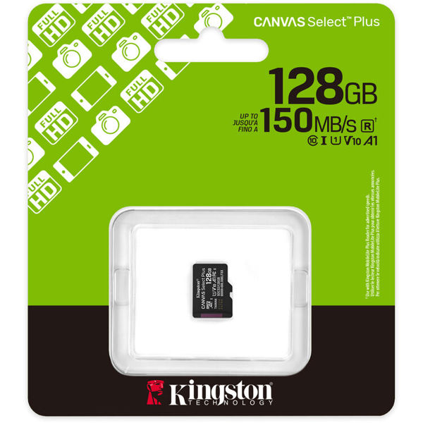 მეხსიერების ბარათი Kingston SDCS3/128GBSP Canvas Select Plus, 128GB, microSDXC, UHS-I, C10, U1, Black