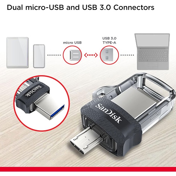 USB ფლეშ მეხსიერება SanDisk SDDD3-0128G-G46 Ultra Dual Drive, 128GB, Micro USB, USB 3.0, Flash Memory, Silver