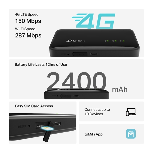 4G როუტერი TP-Link M7005, 287Mbps, 4G LTE Mobile Wi-Fi Router, Black