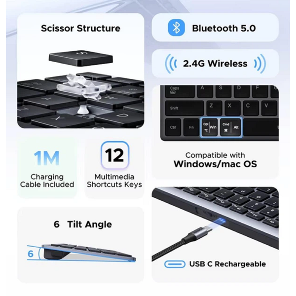 კლავიატურა UGREEN K552 (75163), Wireless, Bluetooth, USB, Keyboard, Grey
