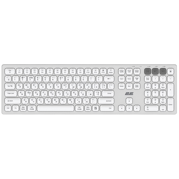 კლავიატურა 2E 2E-KS270WBWH, Wireless, USB, Bluetooth, Keyboard, Silver/White