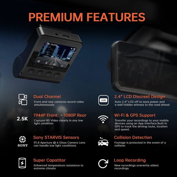 მანქანის ვიდეო რეგისტრატორი DDPAI Z40 GPS DUAL, 140°, WIFI, GPS, Front and Rear Cam, Car Video Recorder, Black