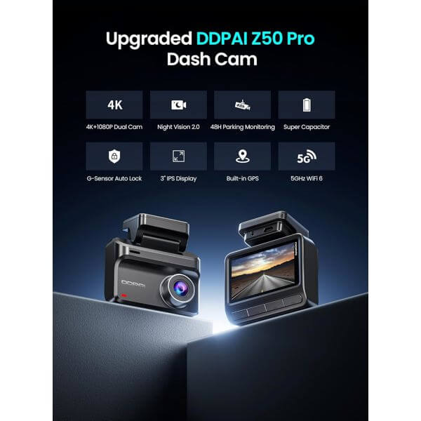 მანქანის ვიდეო რეგისტრატორი DDPAI Z50 Pro 4K Dash Cam 143° WIFI, GPS, Bluetooth, Car Video Recorder, Black